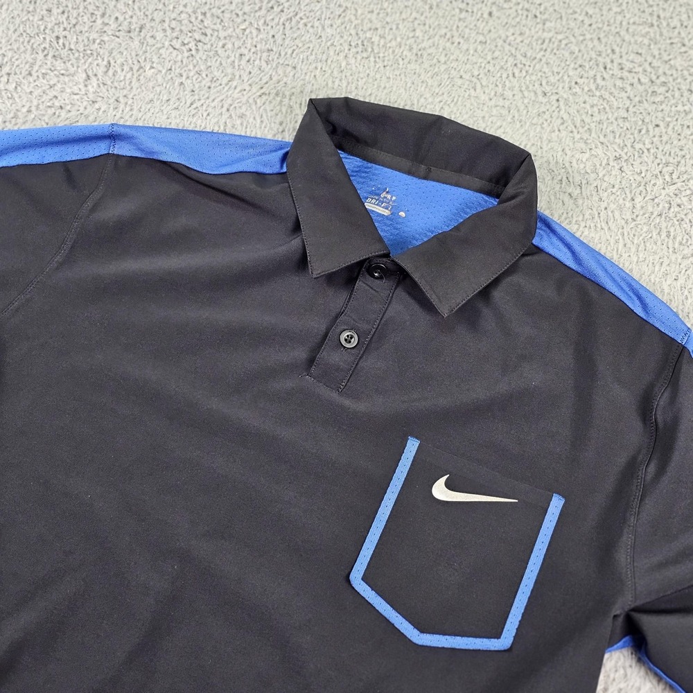 Nike Polo Shirt Mens Medium Black Blue Swoosh Pocket Athletic‎ Golf 639239-015